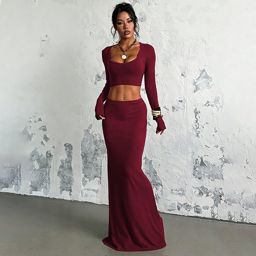 Two-Piece Sets 6798 Ribbed Square-Neck Crop Top and Fishtail Skirt Set