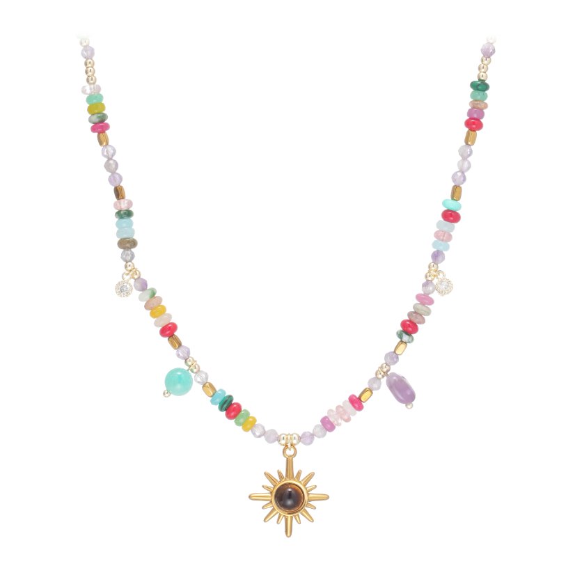 Stainless steel necklace Boho Natural Mixed Stone Sun Pendant Choker Necklace