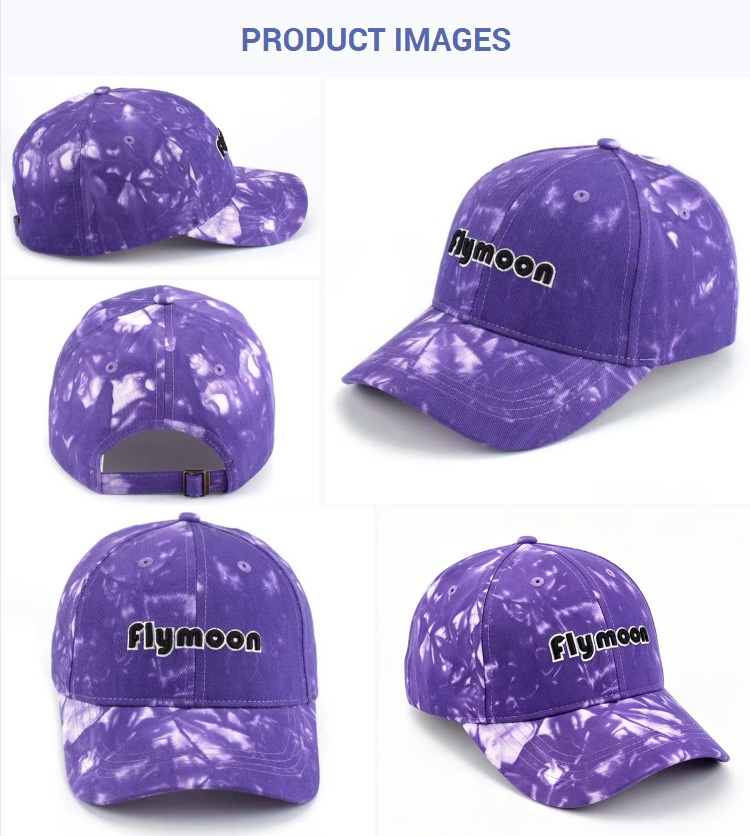 Baseball Caps Purple Tie Dye Flymoon Embroidery Logo Adjustable Brass Buckle Baseball Cap Unisex Trendy Streetwear Outdoor Curved Brim Sports Hat