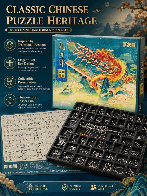 Nine Linked Rings （China Ring） 50-Piece Gift Set of Chinese Ring Puzzle Brain Teasers