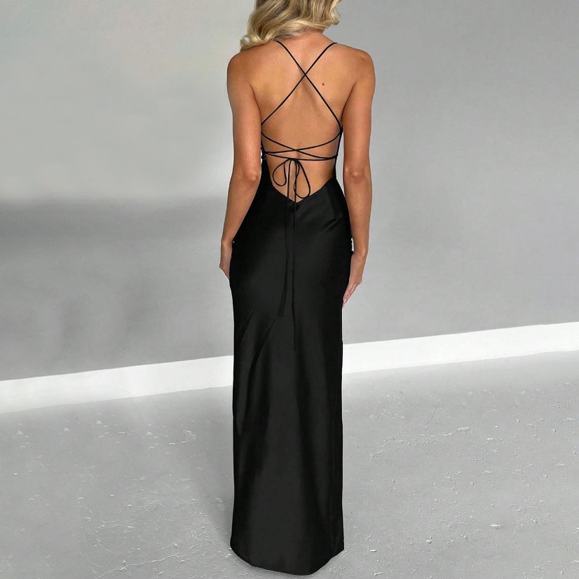 Evening Gowns 6565 Black Satin Cowl-Neck High-Slit Maxi Dress