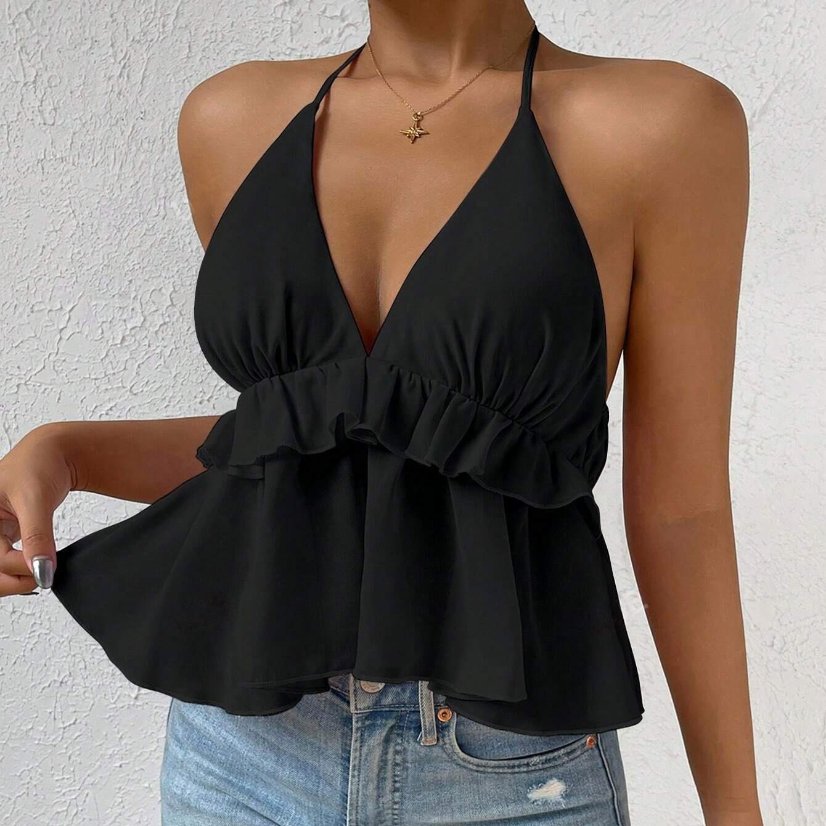 Tops 6575 Deep-V Halter Ruffle Chiffon Top
