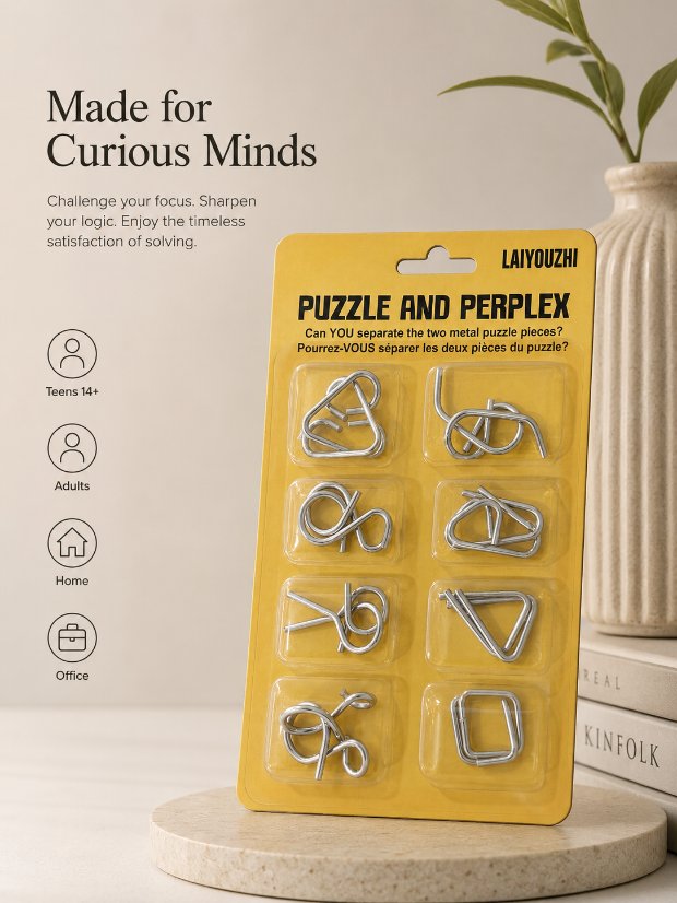 Puzzle Lock 8-Piece Yellow Suction Card Brain Teaser Metal Puzzles Set