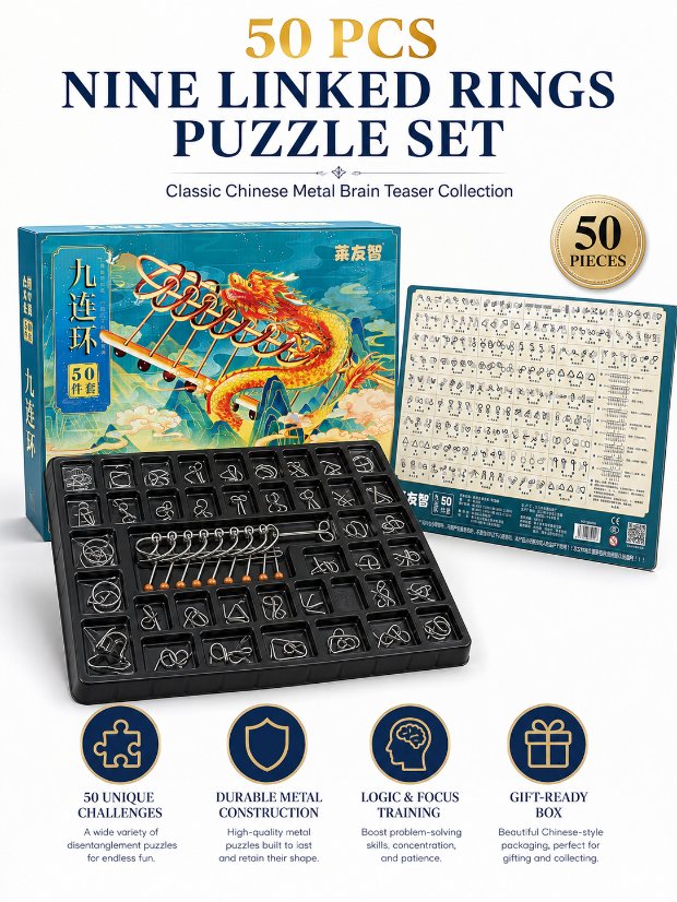 Nine Linked Rings （China Ring） 50-Piece Gift Set of Chinese Ring Puzzle Brain Teasers