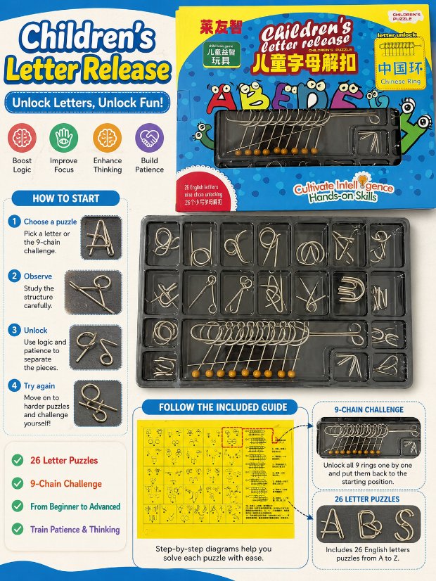 Nine Linked Rings (China Ring) 27-Piece Gift Box of Chinese Ring Puzzles & Letter Buckles