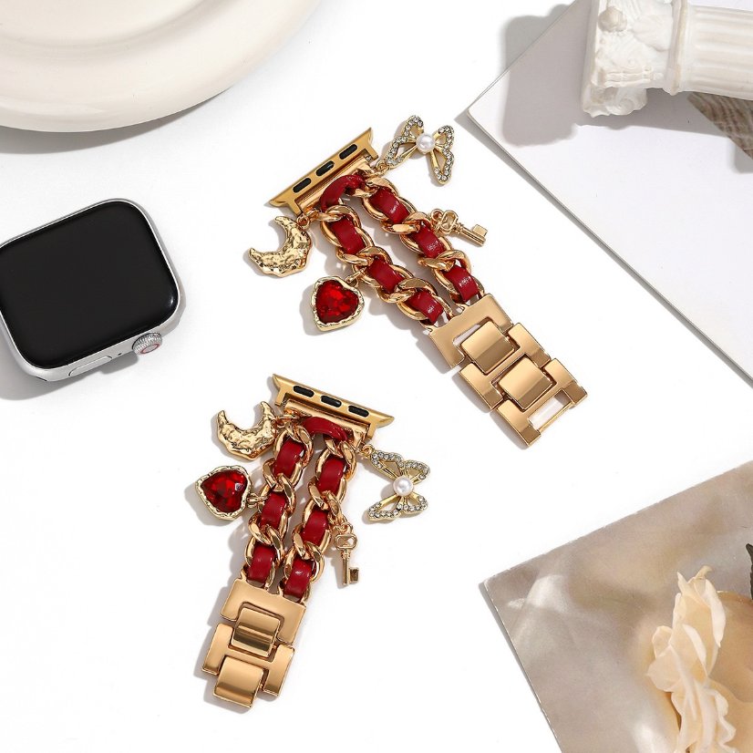Watch strap  Vintage Chanel-Style Ruby Heart Pendant Leather Chain Strap for Apple Watch All Series 