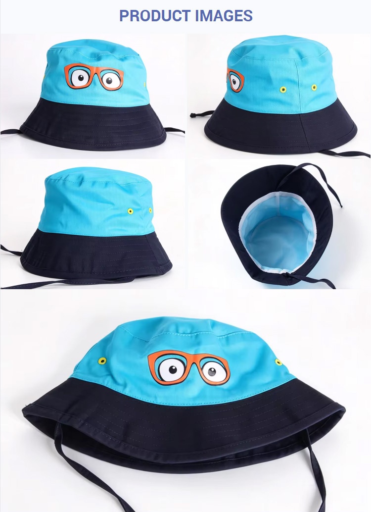 Bucket Hats Kids Outdoor Beach Camping Travel Adjustable Bucket Cap Toddler Cute Cartoon Glasses Eyes Print Wide Brim Fisherman Hat with Chin Strap