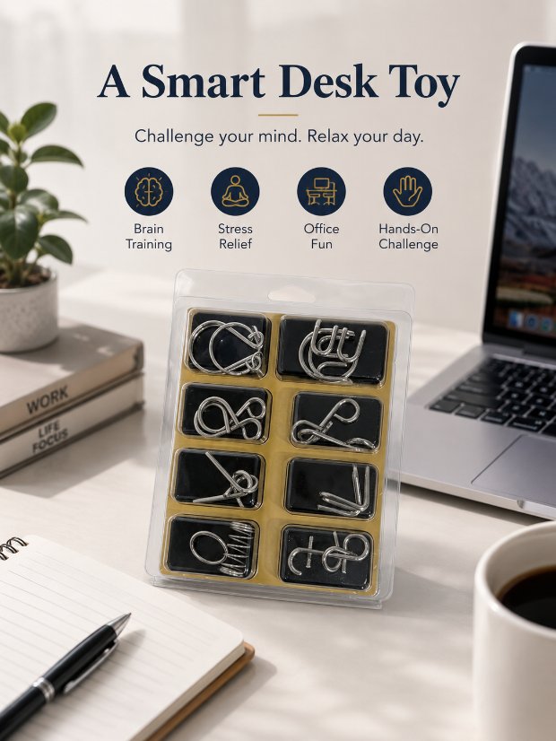 Puzzle Lock 8-Piece Set A of Brain Teaser Metal Puzzles with Blister Pack