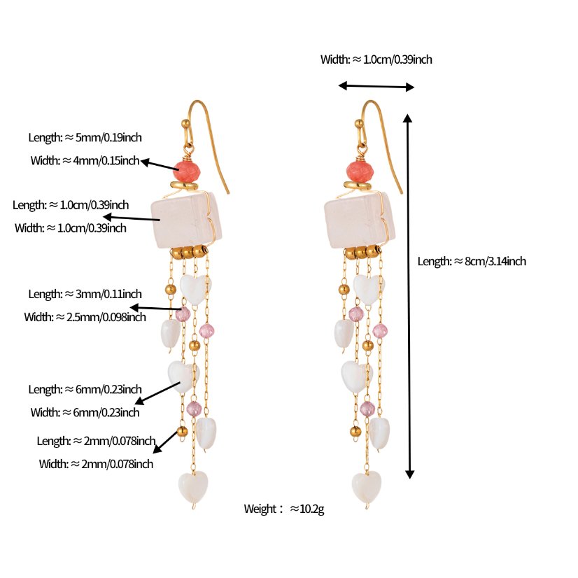 Stainless steel necklace 18K Gold Plated Pink Quartz Heart Tassel Jewelry Set, Necklace & Earrings