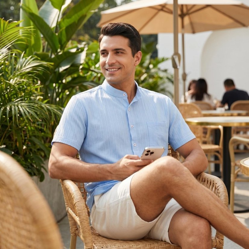 Solid Color Wave-Stripe Henley Shirt (Short & Long Sleeve)