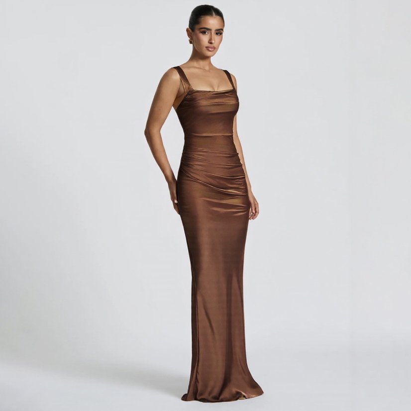Evening Gowns 6709 Caramel Satin Square-Neck Mermaid Gown