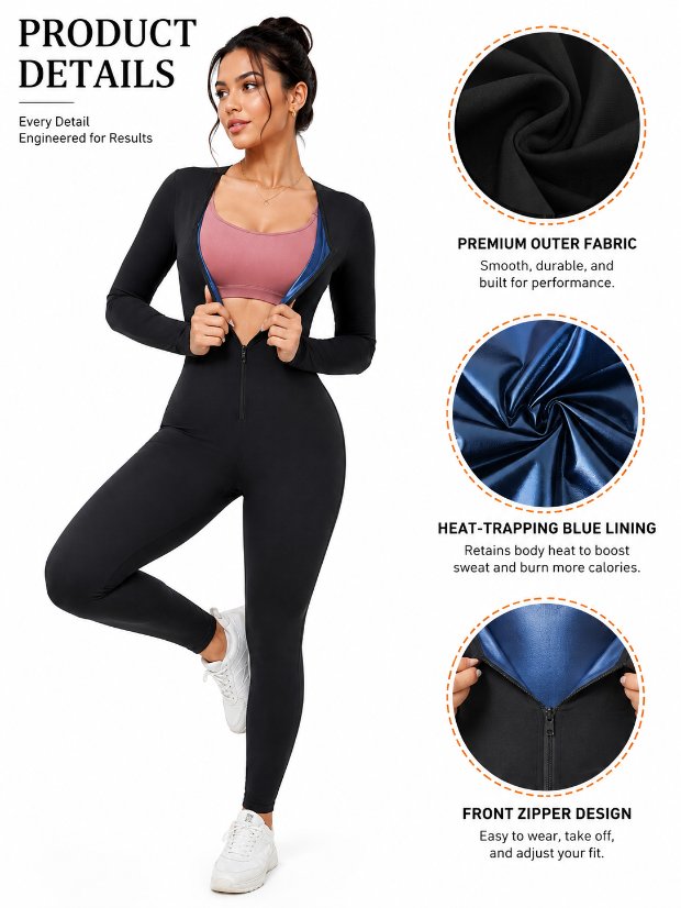 jumpsuit- 3 in 1 waist trimmer shaper Plus Size Sauna Suit Jumpsuit – Full Body Compression Long Sleeve Waist Trainer with Heat-Trapping Fabric for Gym & Running