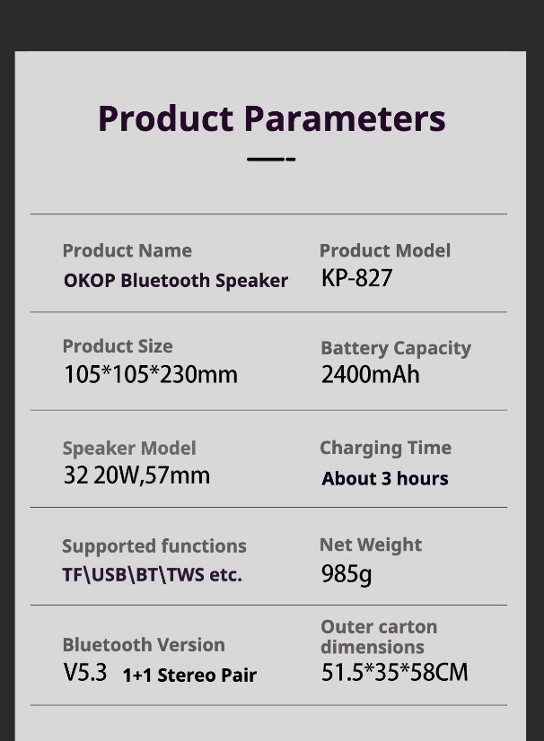 Portable Outdoor Bluetooth Speaker KP-827 Wireless Bluetooth Speaker