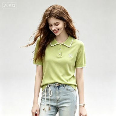 Women's Knitwear Women's Embroidered Ruffle Polo-Collar Knit Top