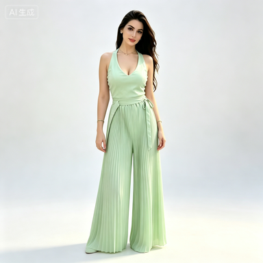 Outdoor Casual Women's Halter V-Neck Top and Pleated Wide-Leg Pants Set