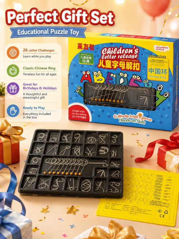 Nine Linked Rings (China Ring) 27-Piece Gift Box of Chinese Ring Puzzles & Letter Buckles