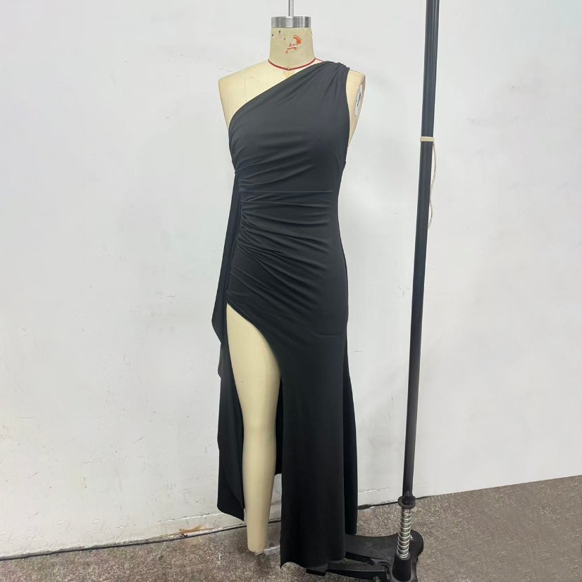 Evening Gowns 6567 One-Shoulder Ruched High-Slit Satin Gown