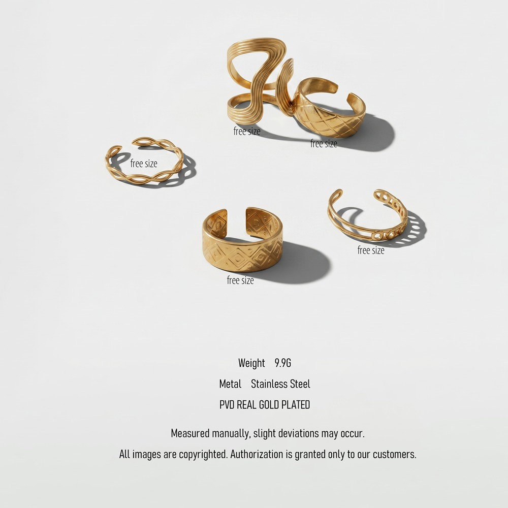 Stainless Steel Ring Set Ripple & Rhombus 5-Piece Gold-Plated Stainless Steel Ring Set