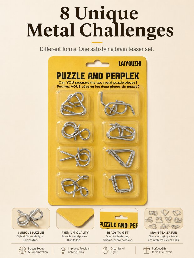 Puzzle Lock 8-Piece Yellow Suction Card Brain Teaser Metal Puzzles Set