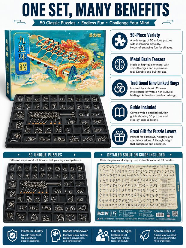 Nine Linked Rings （China Ring） 50-Piece Gift Set of Chinese Ring Puzzle Brain Teasers
