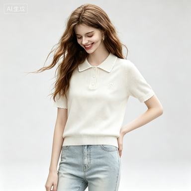 Women's Knitwear Women's Embroidered Ruffle Polo-Collar Knit Top