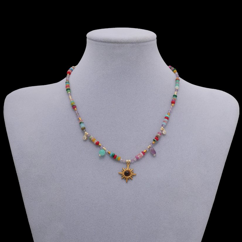 Stainless steel necklace Boho Natural Mixed Stone Sun Pendant Choker Necklace