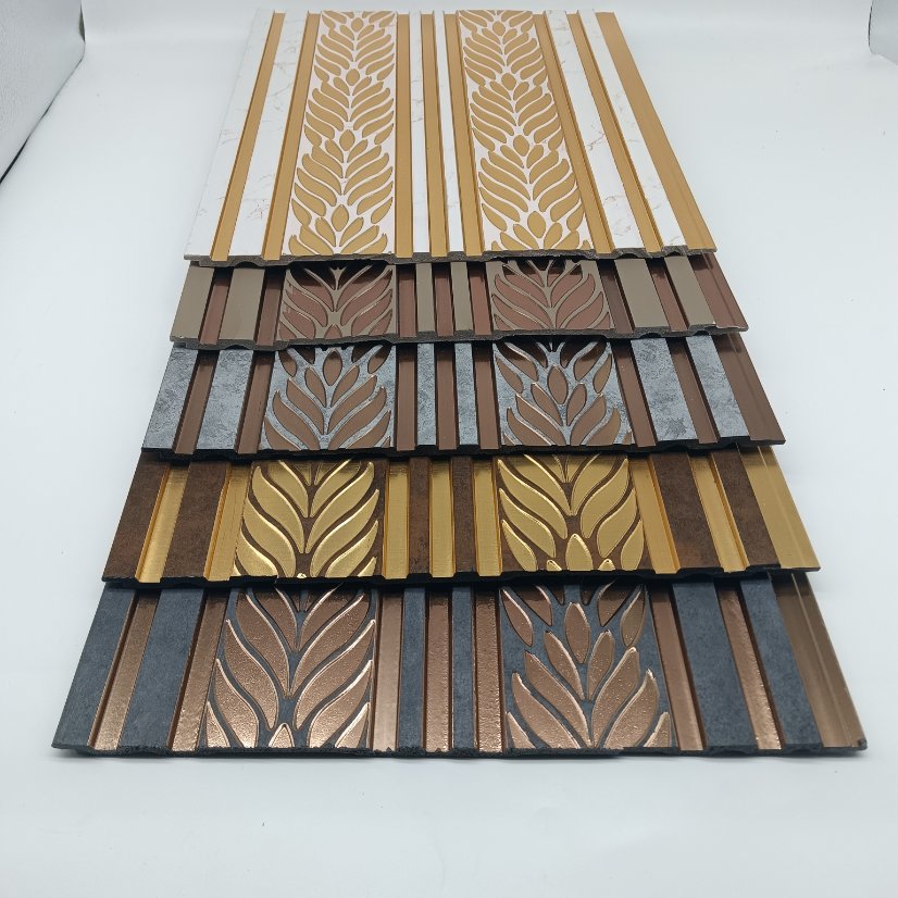 fluted wall panel PS Carved Leaf Fluted Wall Panel with Metal Trim, Embossed Decorative Slat Board