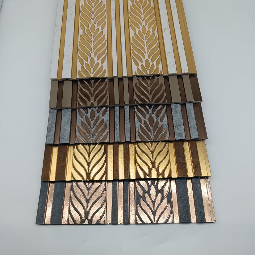 fluted wall panel PS Carved Leaf Fluted Wall Panel with Metal Trim, Embossed Decorative Slat Board