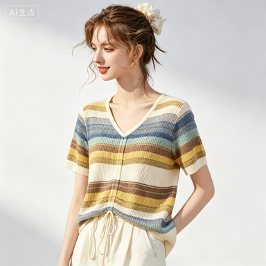 Women's Knitwear Women's Drawstring V-Neck Rainbow-Stripe Knit Top