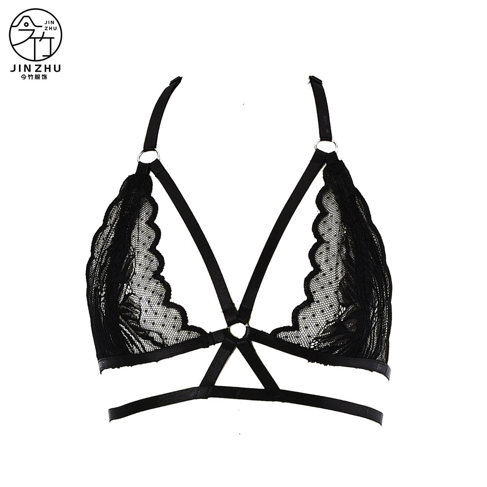 女士上衣 Halter Lace Bra – Metal Ring Cross-Strap Wire-Free Triangle Lingerie
