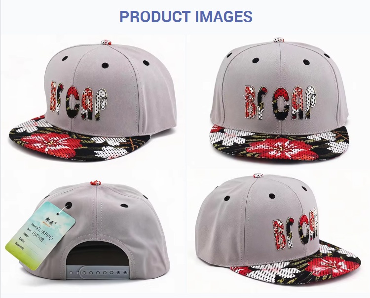 Flat Brim Caps Light Gray Crown Red Floral Brim BFCAP Embroidered Patch Applique Floral Perforated Snapback Cap Unisex Hip Hop Street Adjustable Flat Brim Hat