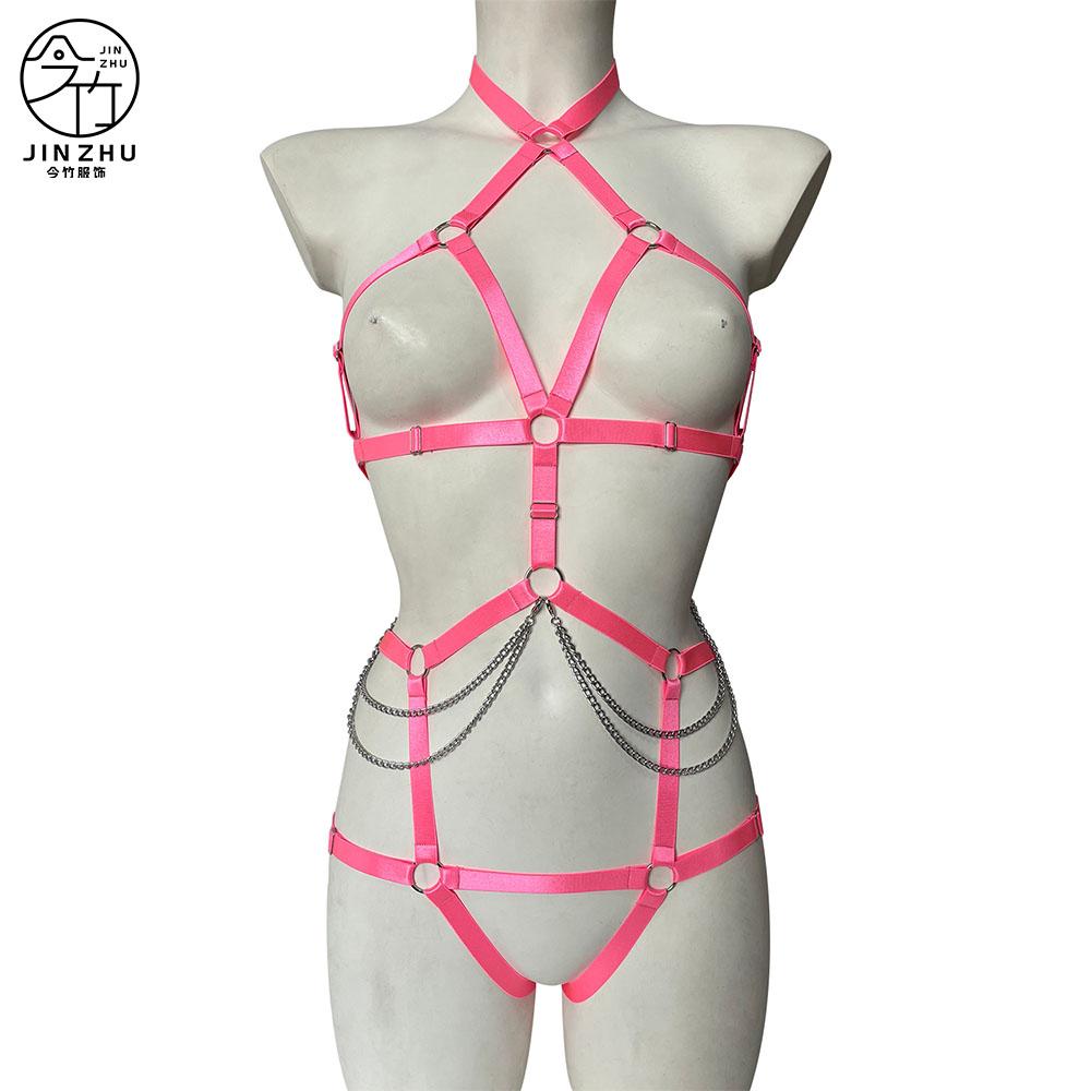 女士连体衣 Pink Chain Full-Body Harness – Metal Ring Elastic Strap Waist Chain Bodysuit 