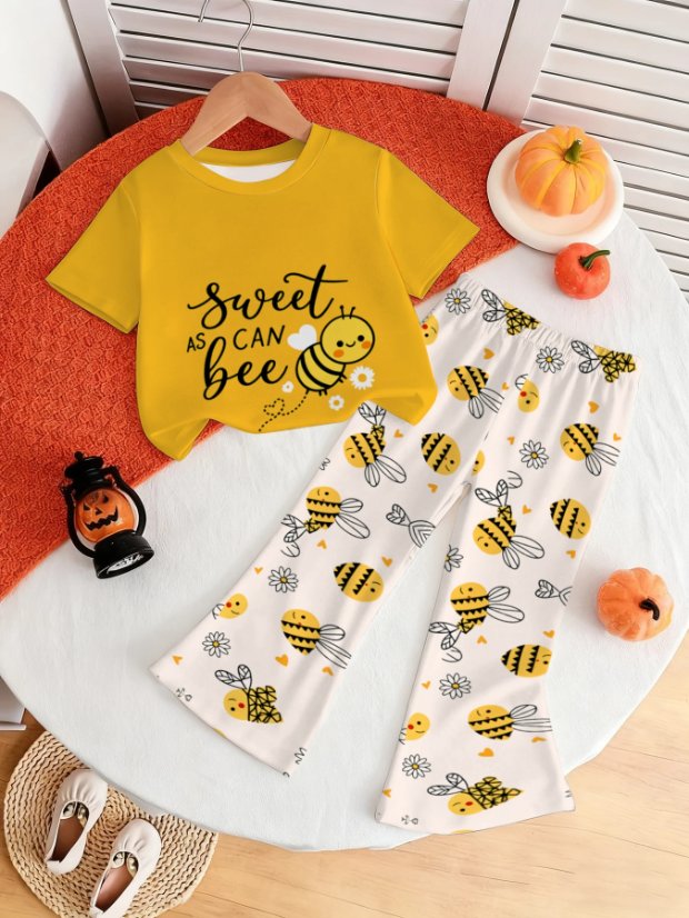 Girls' short-sleeve top and flared pants set Girls' Short-Sleeve Top + Flared Pants Set