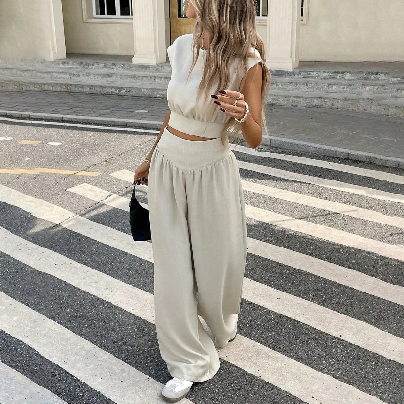 Two-Piece Sets 7181 Sleeveless Crop Top and Wide-Leg Pants Set
