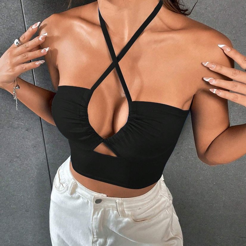 Tops 6605 Cutout Cross-Strap Halter Crop Top