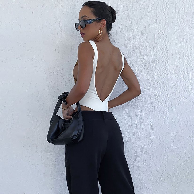 Bodysuits & Rompers 6589 Satin One-Shoulder Open-Back Bodysuit