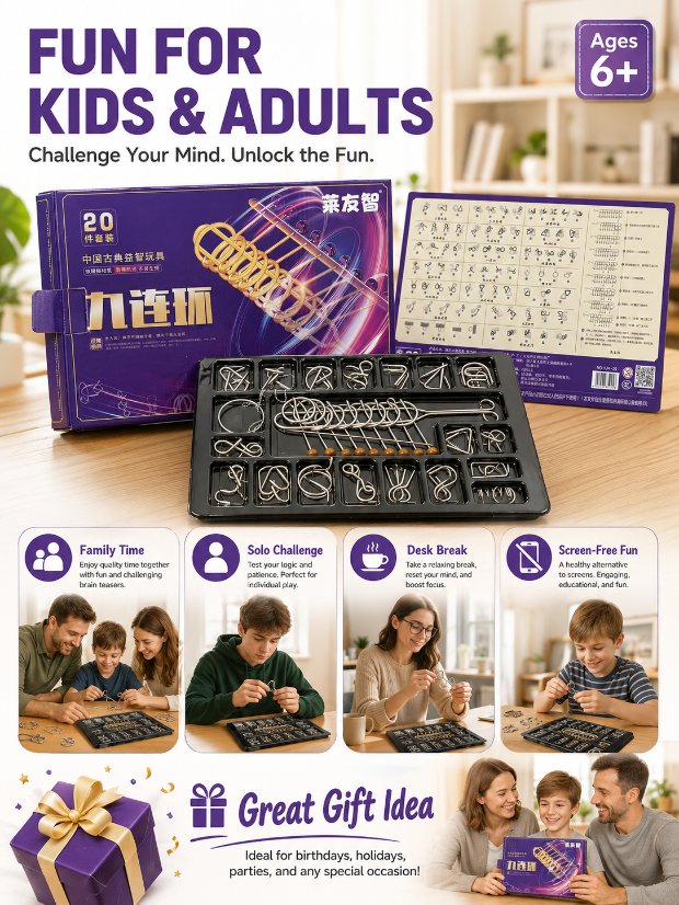 Nine Linked Rings (China Ring) 20-piece Gift Set of Chinese Ring Puzzle Brain Teasers