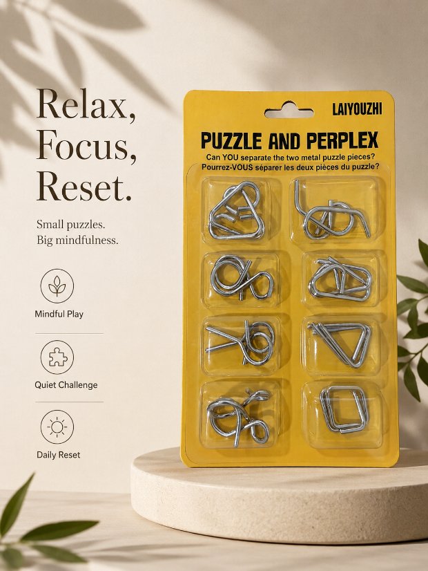 Puzzle Lock 8-Piece Yellow Suction Card Brain Teaser Metal Puzzles Set