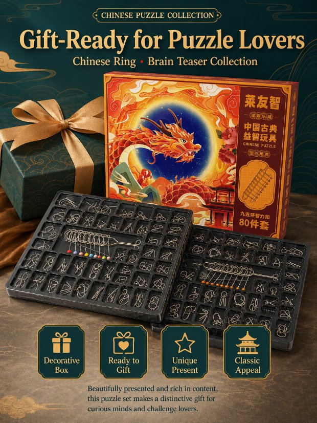 Nine Linked Rings （China Ring） 80-Piece Gift Set of Nine Linked Rings Brain Teaser Puzzles
