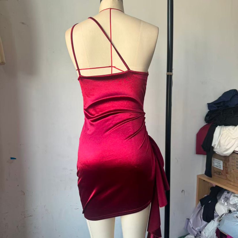 Dresses 299 Satin One-Shoulder Mini Dress with Long Sash