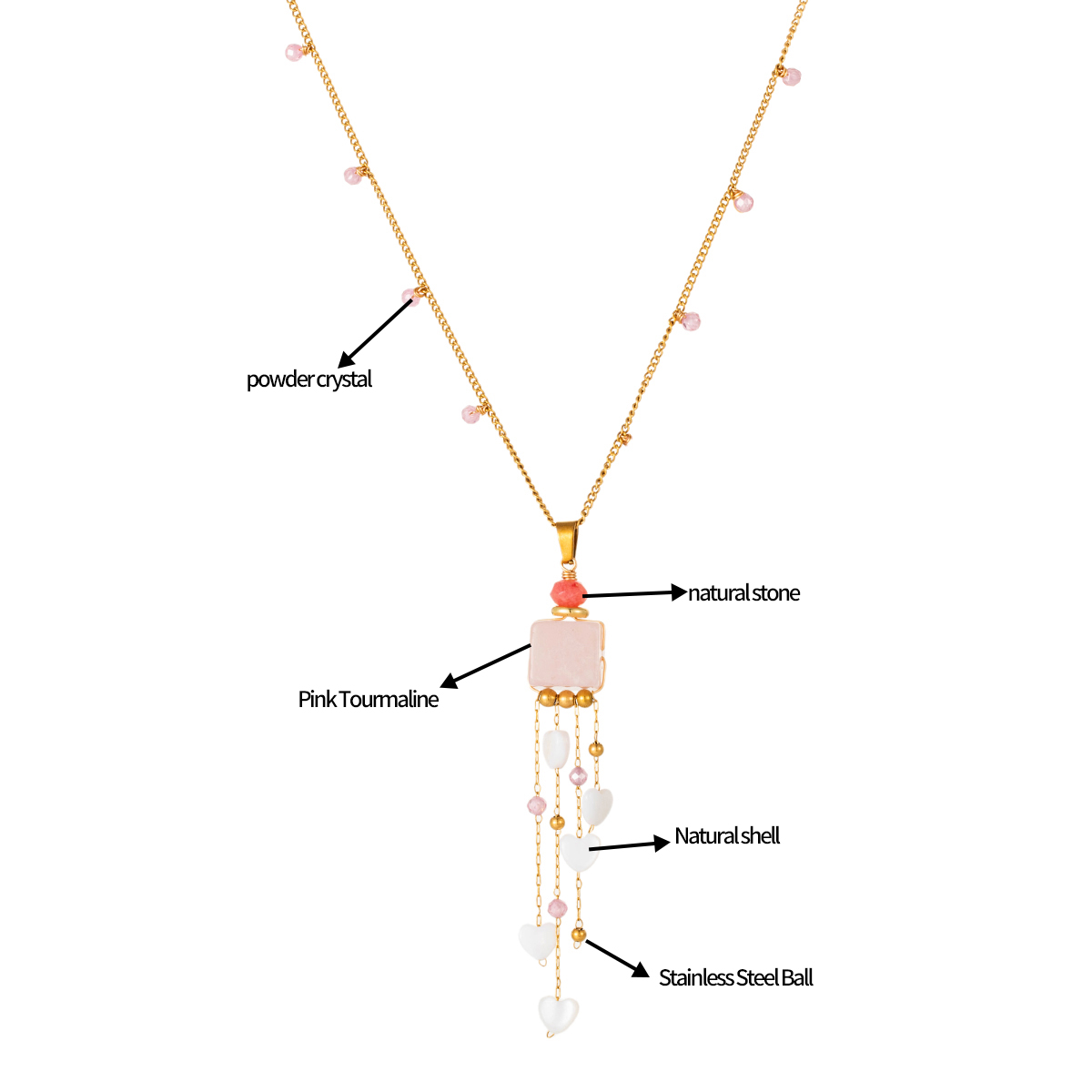 Stainless steel necklace 18K Gold Plated Pink Quartz Heart Tassel Jewelry Set, Necklace & Earrings