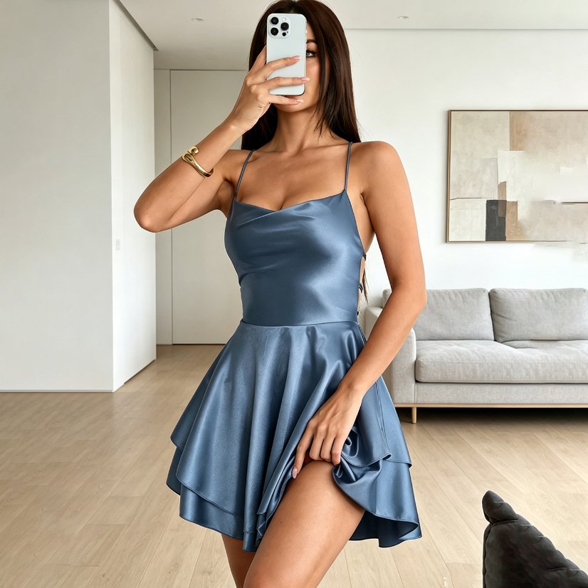 Dresses 201 Satin Camisole Dress with Double-Layer Skirt