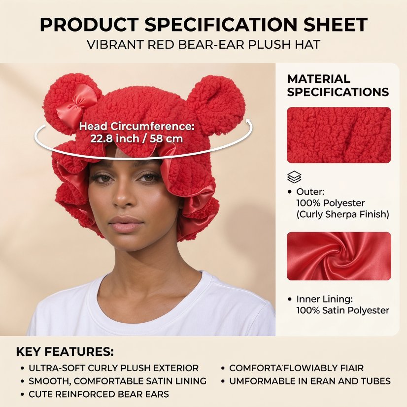 Bonnet Cute Bear Double-Layer Fleece Sleep Bonnet – Satin-Lined Winter Hair Care Sleep Cap