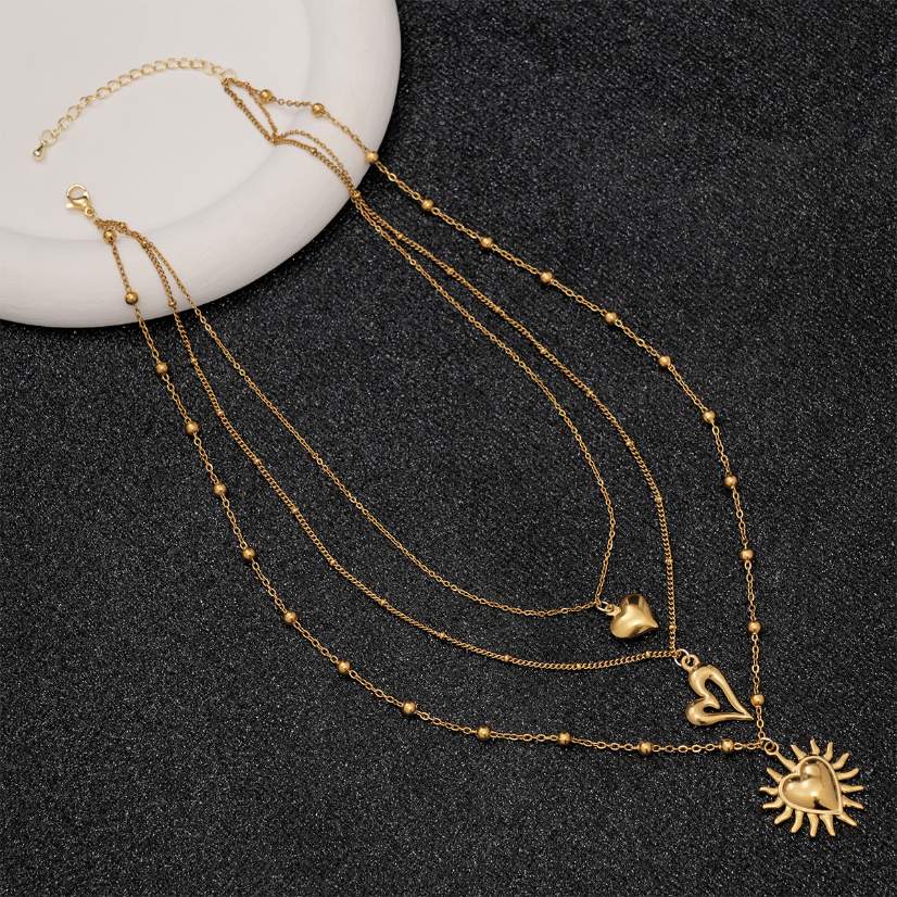 Stainless steel necklace 18K Gold Plated Multi Layer Necklace, Sun & Heart Pendant Stacked Necklace