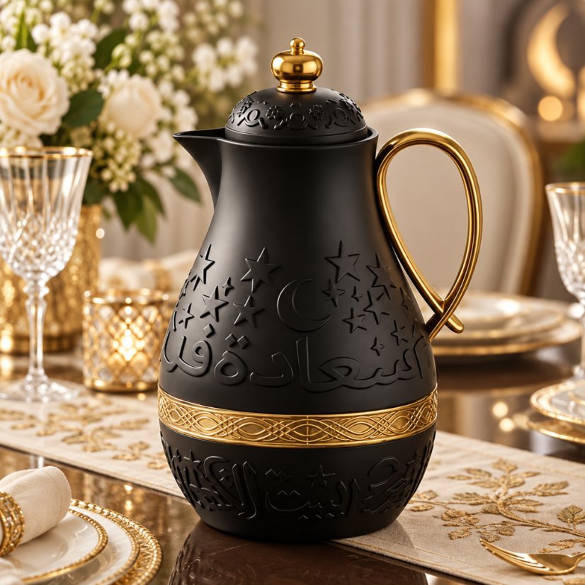 Kettle Arabian Vacuum Flask with Star & Crescent Emboss, Gold Handle Gem Lid