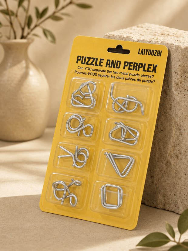 Puzzle Lock 8-Piece Yellow Suction Card Brain Teaser Metal Puzzles Set