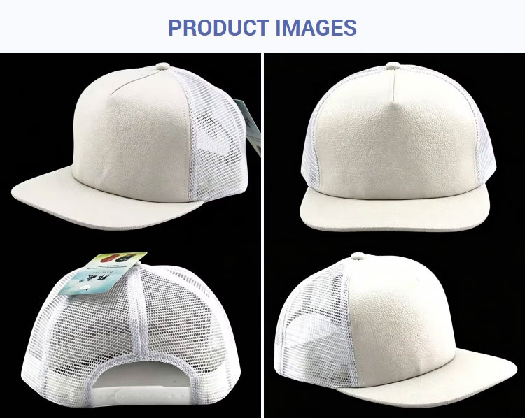 Trucker Caps White Blank Pebbled Faux Leather Breathable Flat Brim Trucker Hat Unisex custom Print Outdoor Mesh Back Adjustable Snapback Cap