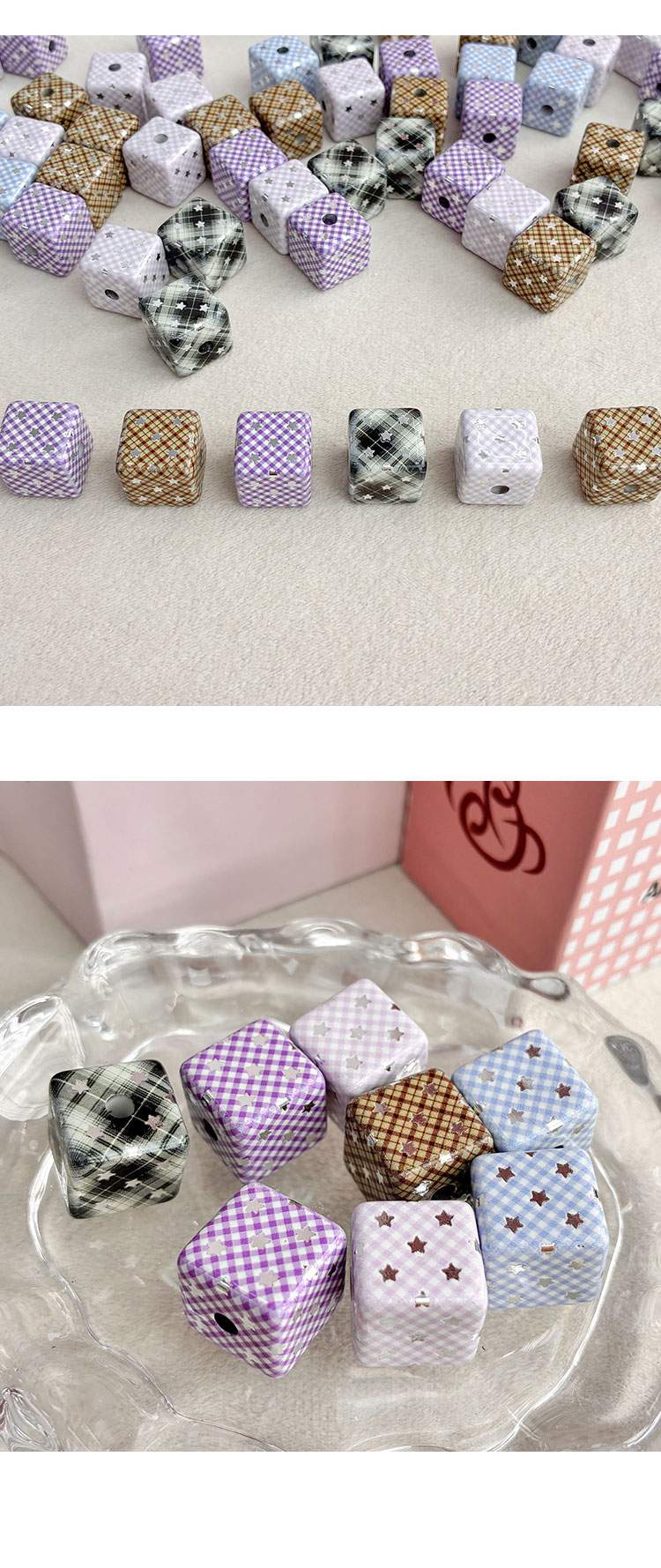 Printed bead Plaid print silver star square beads
