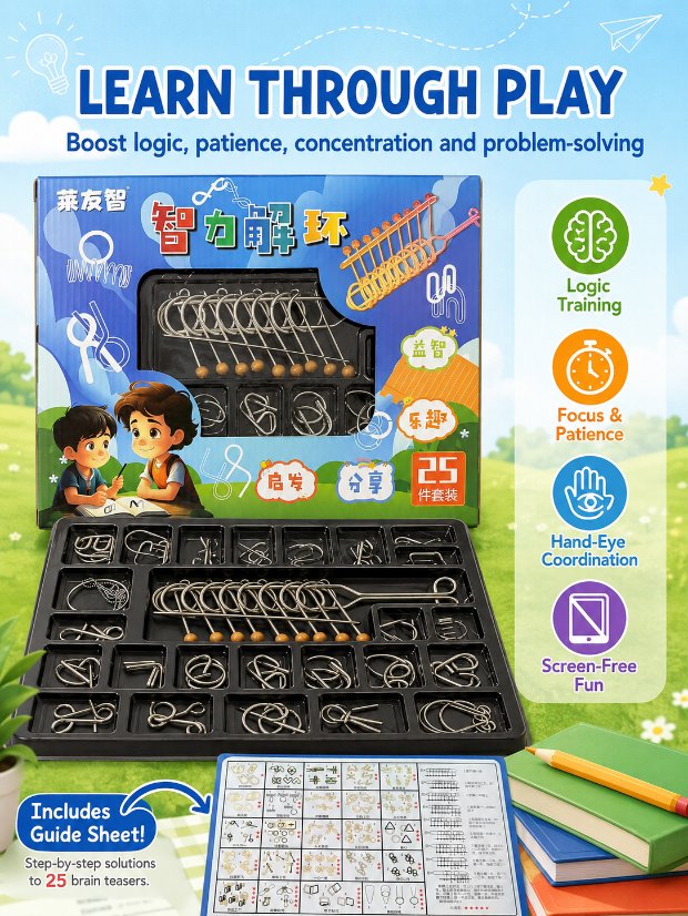 Nine Linked Rings (China Ring) 25-Piece Brain Teaser Metal Puzzle Set Gift Box