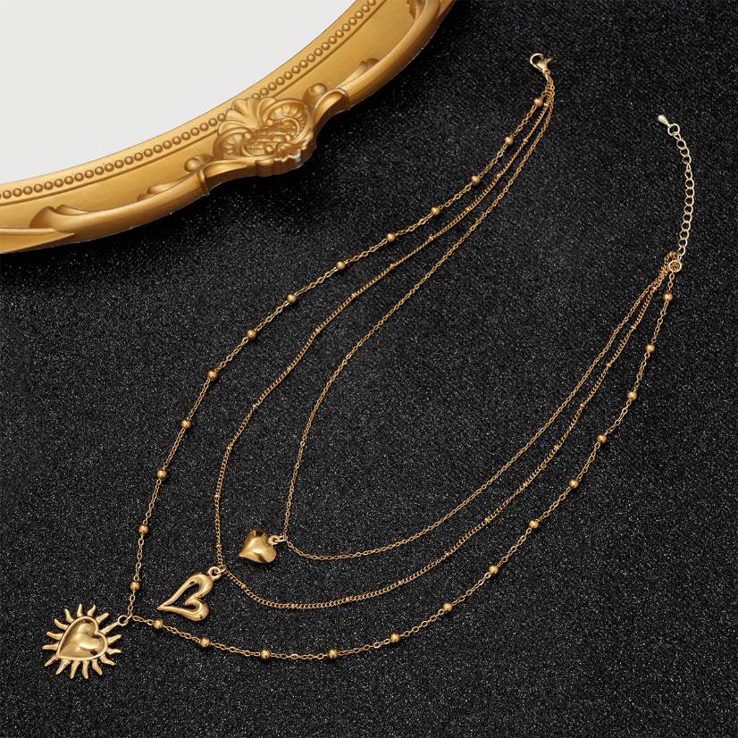 Stainless steel necklace 18K Gold Plated Multi Layer Necklace, Sun & Heart Pendant Stacked Necklace